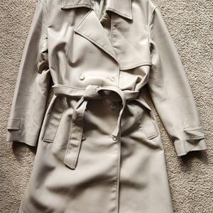Babaton Taupe Faux Leather Trench Coat with Tie Waist Size M